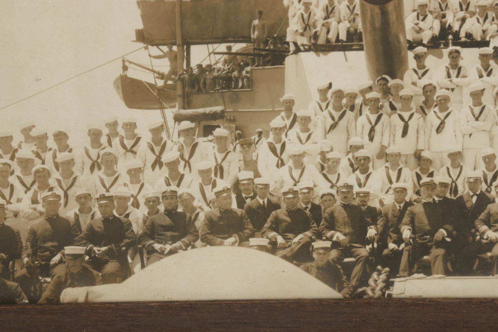 Lot 021 - Antique Framed Photograph Of The Crew Of A U.S. Navy Battleship With Sailors And Officers On Deck, With Gun Turret, 20-1/2" x 12-1/4"