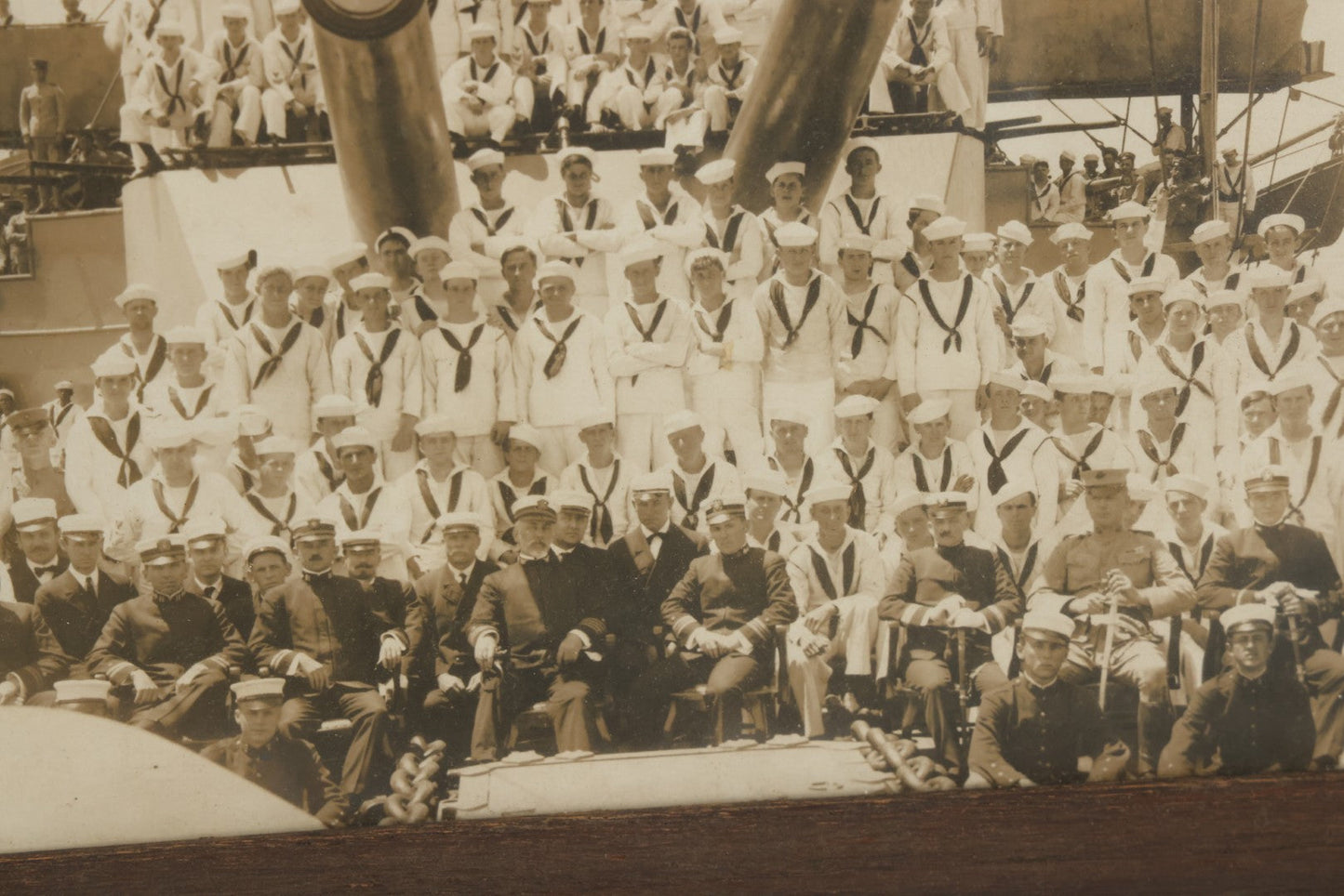 Lot 021 - Antique Framed Photograph Of The Crew Of A U.S. Navy Battleship With Sailors And Officers On Deck, With Gun Turret, 20-1/2" x 12-1/4"