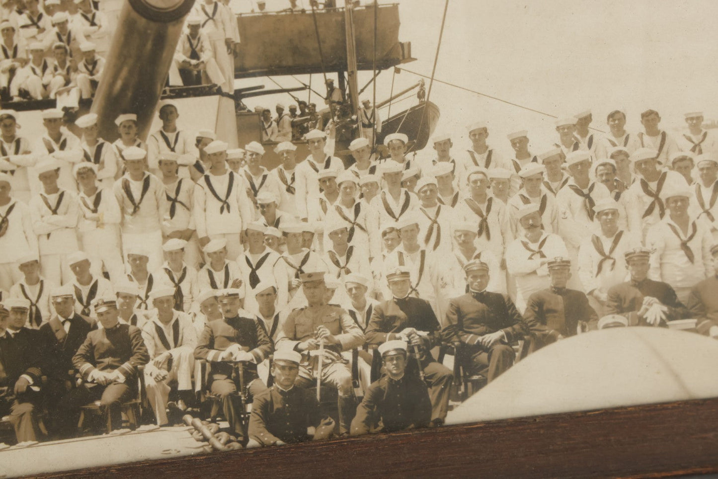 Lot 021 - Antique Framed Photograph Of The Crew Of A U.S. Navy Battleship With Sailors And Officers On Deck, With Gun Turret, 20-1/2" x 12-1/4"