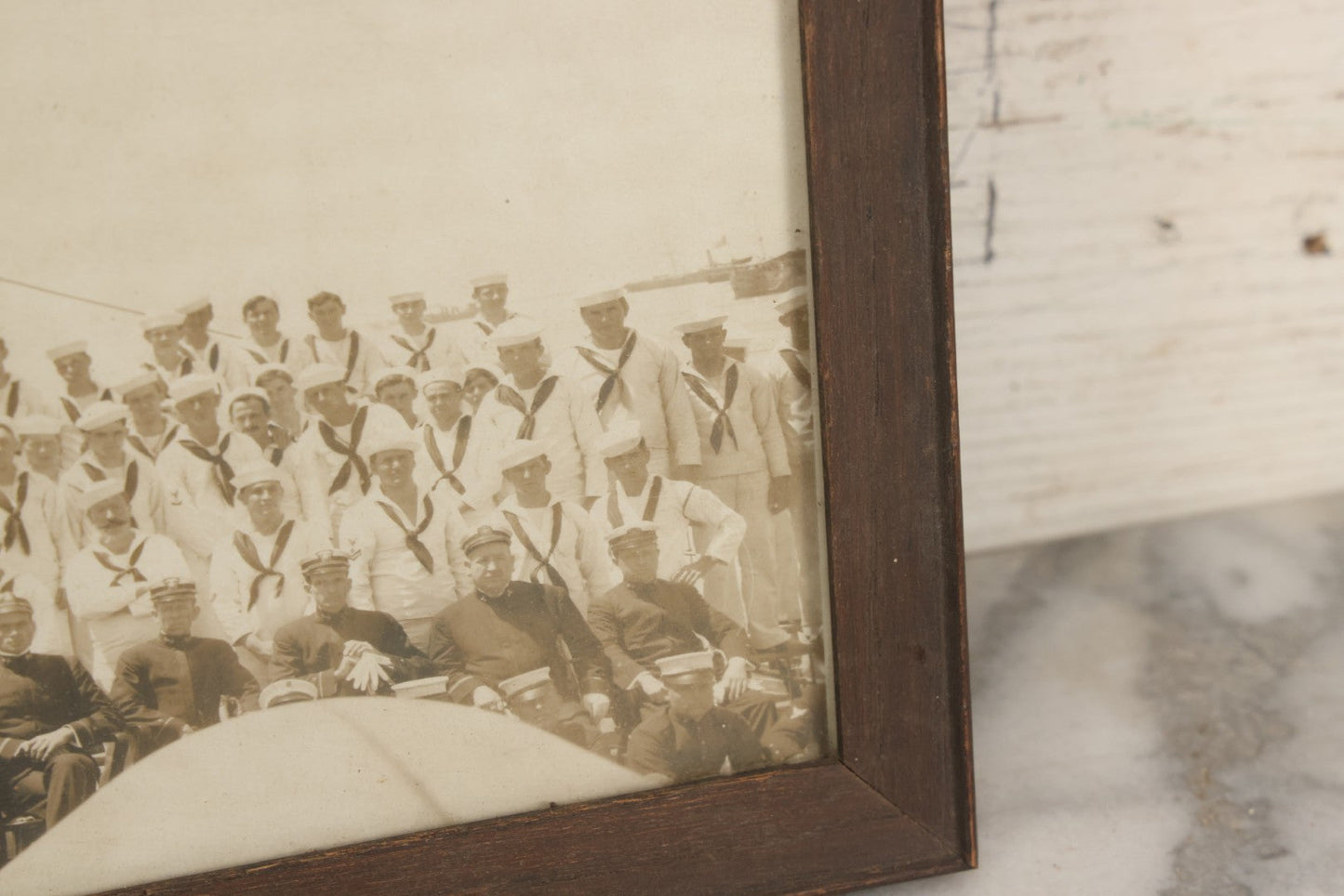 Lot 021 - Antique Framed Photograph Of The Crew Of A U.S. Navy Battleship With Sailors And Officers On Deck, With Gun Turret, 20-1/2" x 12-1/4"