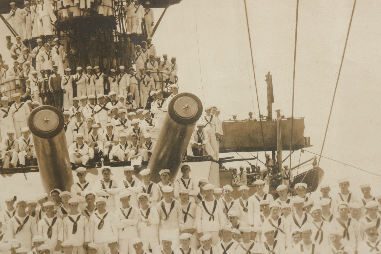 Lot 021 - Antique Framed Photograph Of The Crew Of A U.S. Navy Battleship With Sailors And Officers On Deck, With Gun Turret, 20-1/2" x 12-1/4"