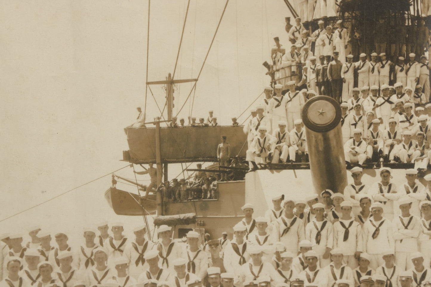 Lot 021 - Antique Framed Photograph Of The Crew Of A U.S. Navy Battleship With Sailors And Officers On Deck, With Gun Turret, 20-1/2" x 12-1/4"