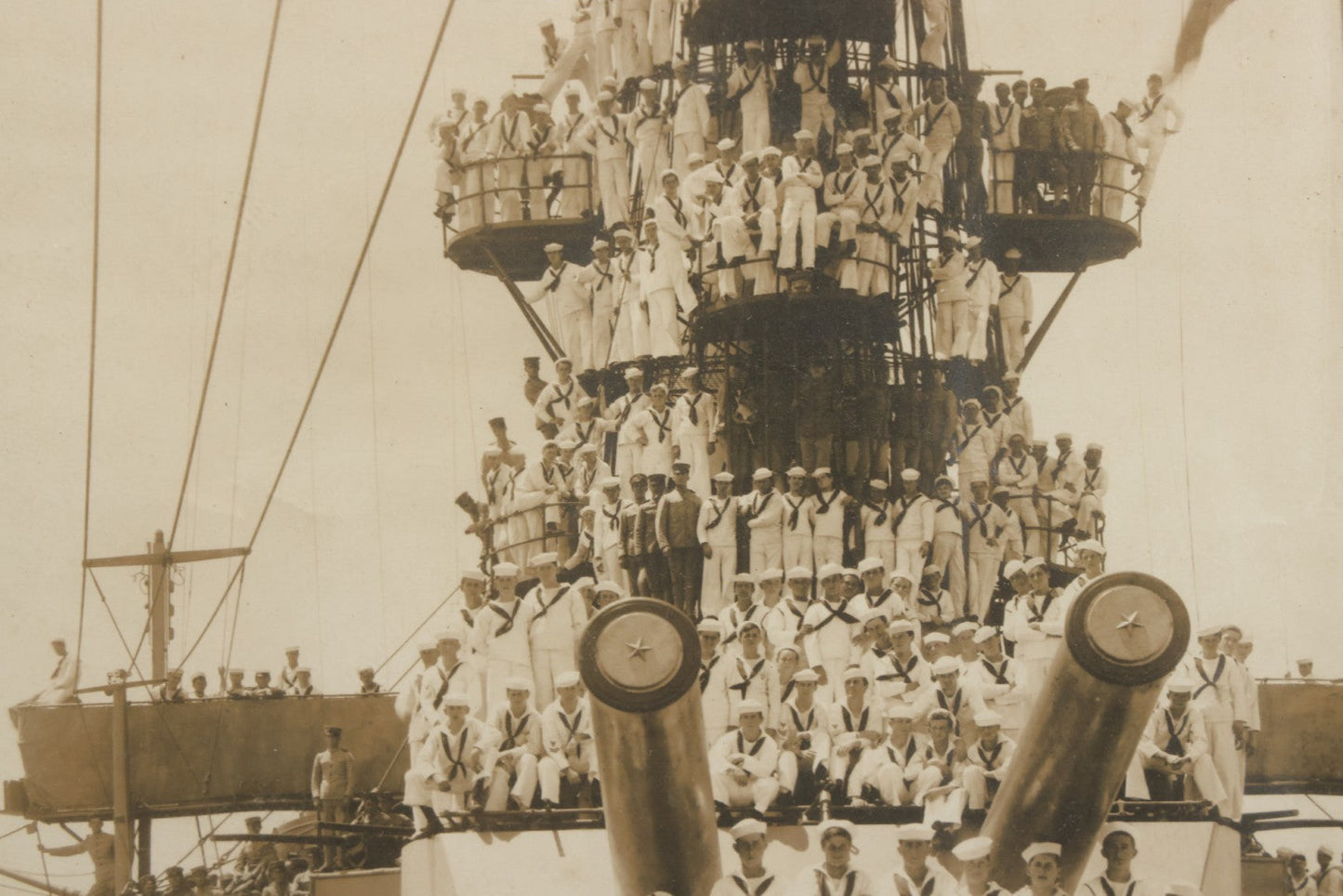 Lot 021 - Antique Framed Photograph Of The Crew Of A U.S. Navy Battleship With Sailors And Officers On Deck, With Gun Turret, 20-1/2" x 12-1/4"