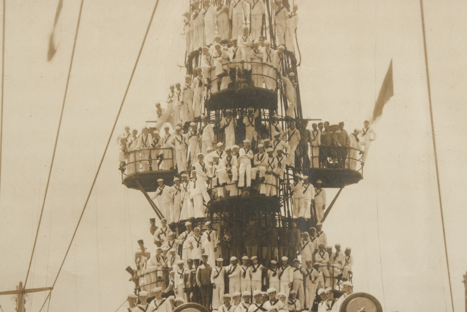 Lot 021 - Antique Framed Photograph Of The Crew Of A U.S. Navy Battleship With Sailors And Officers On Deck, With Gun Turret, 20-1/2" x 12-1/4"