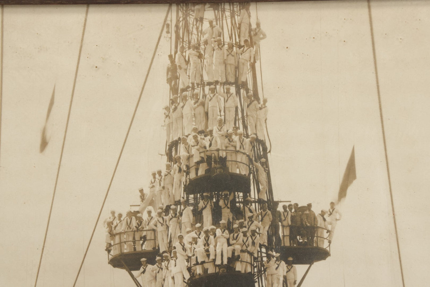 Lot 021 - Antique Framed Photograph Of The Crew Of A U.S. Navy Battleship With Sailors And Officers On Deck, With Gun Turret, 20-1/2" x 12-1/4"
