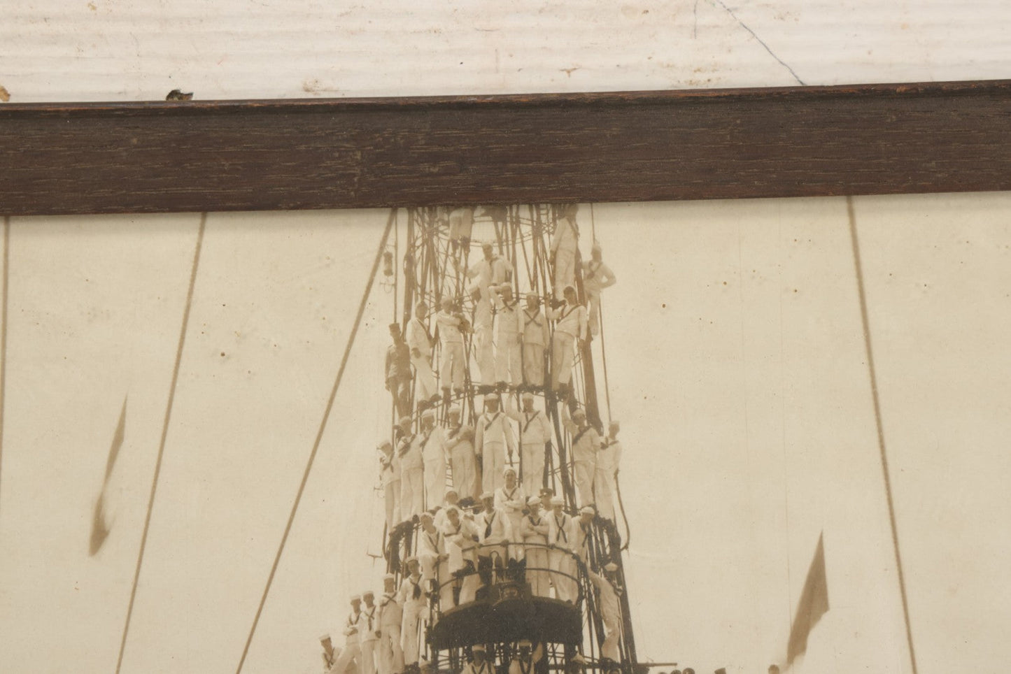 Lot 021 - Antique Framed Photograph Of The Crew Of A U.S. Navy Battleship With Sailors And Officers On Deck, With Gun Turret, 20-1/2" x 12-1/4"