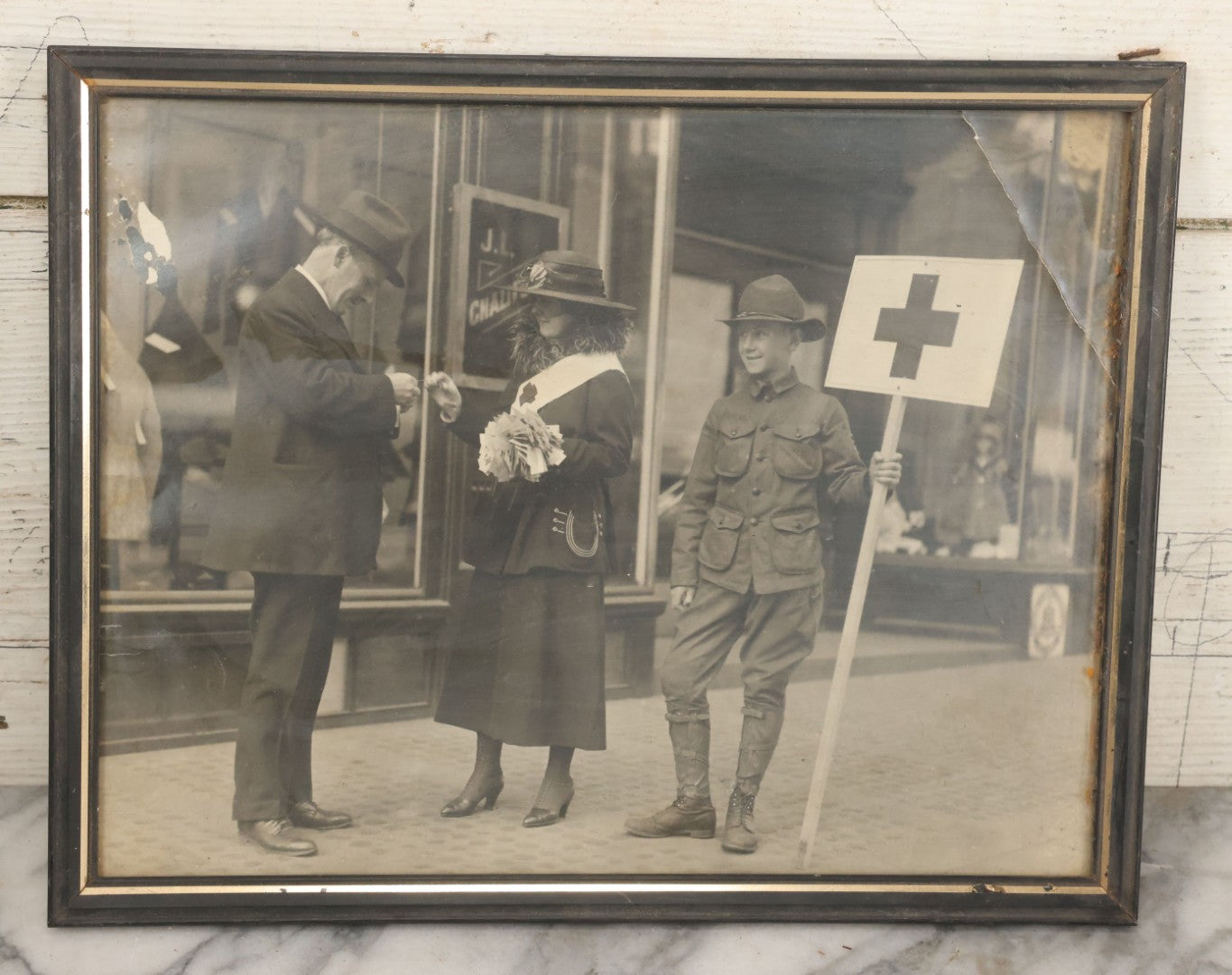 Lot 024 - Antique Framed Photograph Of Red Cross Volunteers Soliciting Donations, Support, Including Boy Scout Identified As William Bell, Circa 1916, 14-1/8" x 11-1/4"
