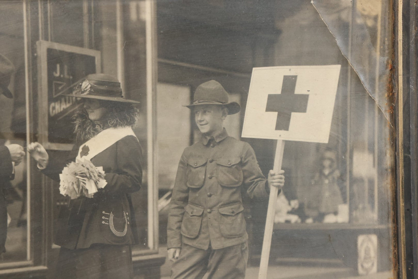 Lot 024 - Antique Framed Photograph Of Red Cross Volunteers Soliciting Donations, Support, Including Boy Scout Identified As William Bell, Circa 1916, 14-1/8" x 11-1/4"