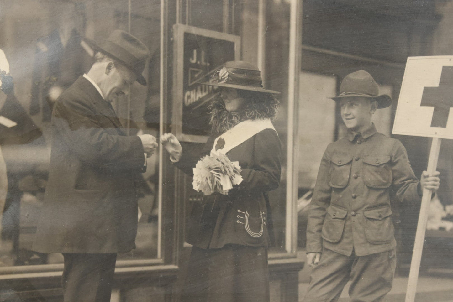Lot 024 - Antique Framed Photograph Of Red Cross Volunteers Soliciting Donations, Support, Including Boy Scout Identified As William Bell, Circa 1916, 14-1/8" x 11-1/4"
