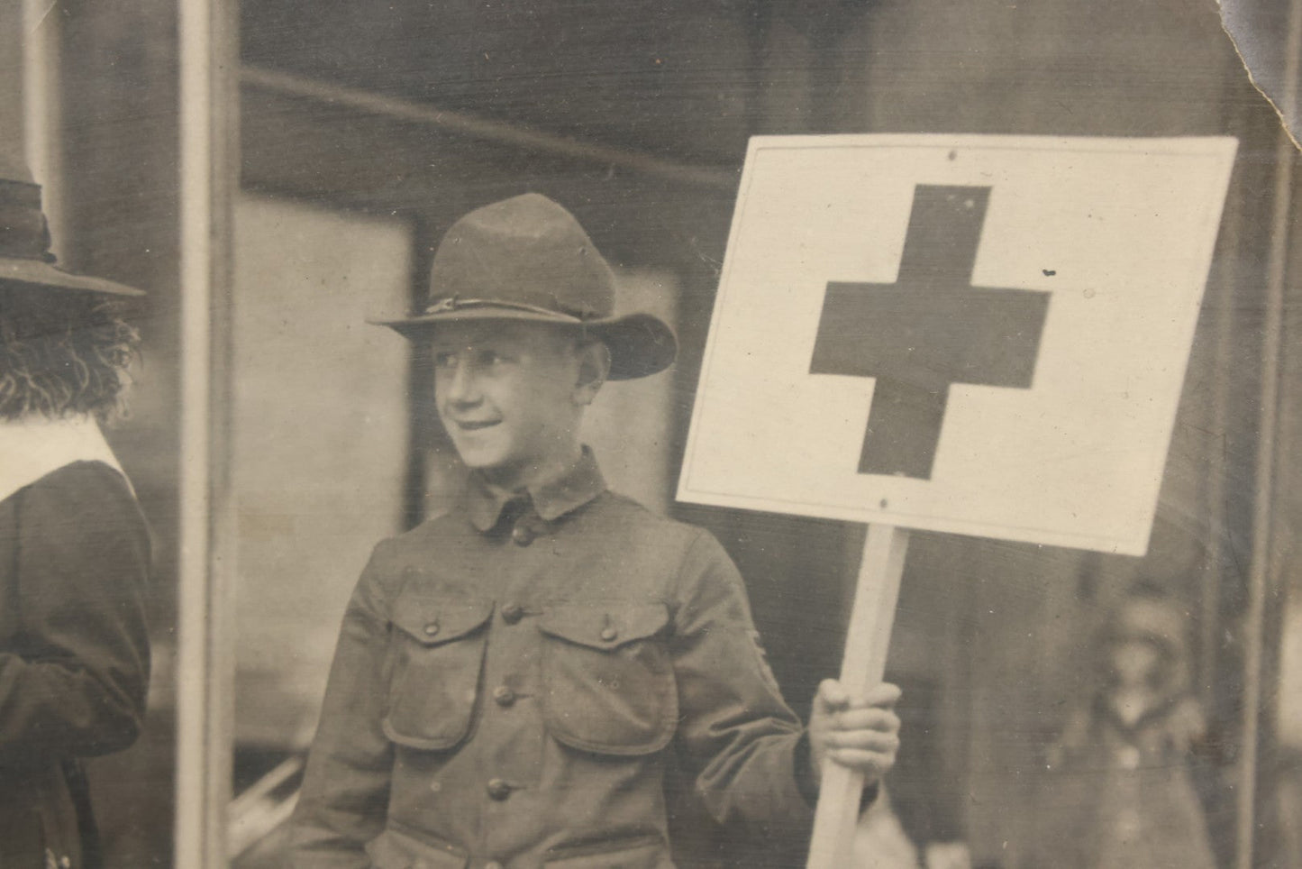Lot 024 - Antique Framed Photograph Of Red Cross Volunteers Soliciting Donations, Support, Including Boy Scout Identified As William Bell, Circa 1916, 14-1/8" x 11-1/4"