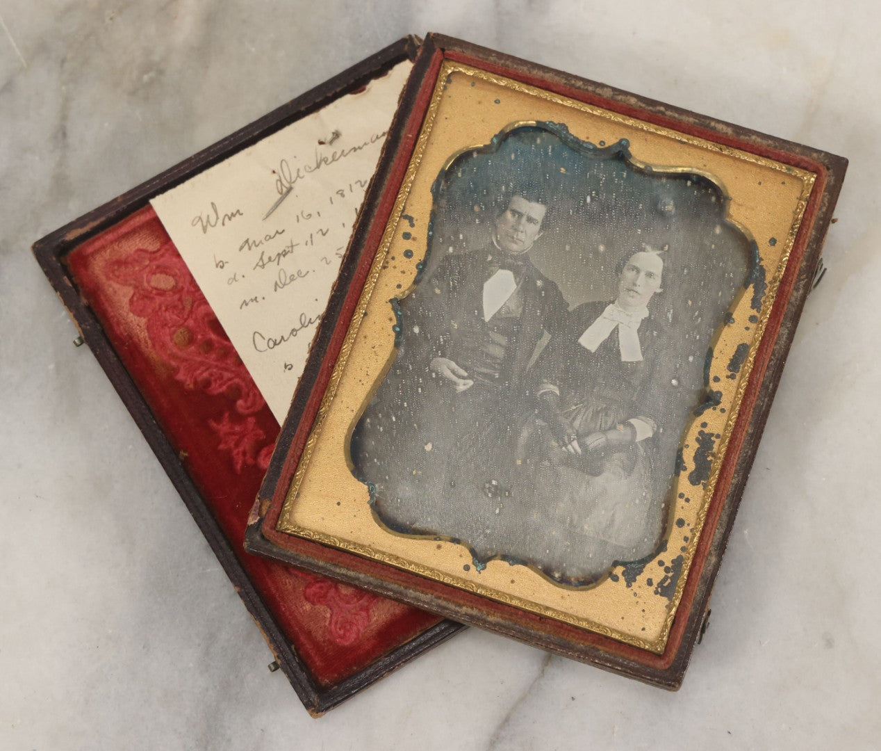 Lot 025 - Antique 1/4 Plate Daguerreotype Photograph Of William Dickerman And Caroline Eliza Mayhew, Married December 25Th, 1839, With Other Biographical Dates, In Full Split Leatherette Union Case