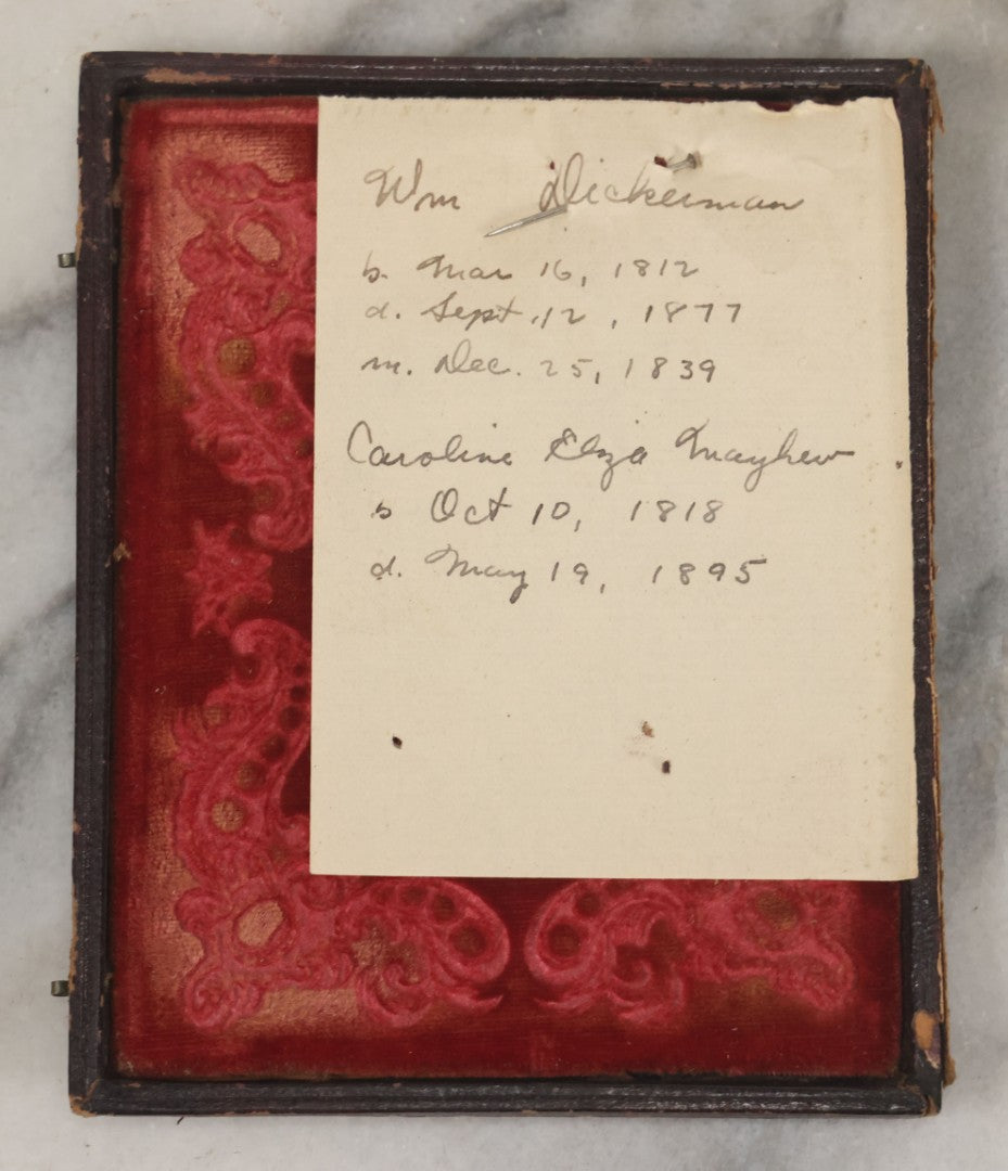 Lot 025 - Antique 1/4 Plate Daguerreotype Photograph Of William Dickerman And Caroline Eliza Mayhew, Married December 25Th, 1839, With Other Biographical Dates, In Full Split Leatherette Union Case