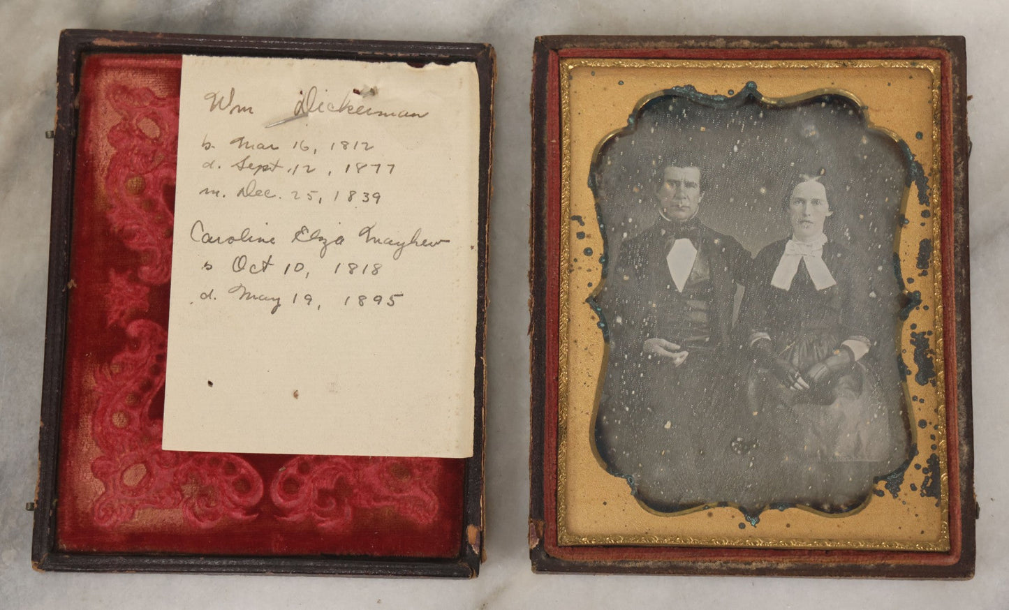 Lot 025 - Antique 1/4 Plate Daguerreotype Photograph Of William Dickerman And Caroline Eliza Mayhew, Married December 25Th, 1839, With Other Biographical Dates, In Full Split Leatherette Union Case