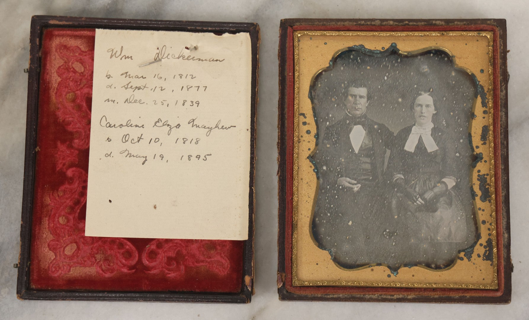 Lot 025 - Antique 1/4 Plate Daguerreotype Photograph Of William Dickerman And Caroline Eliza Mayhew, Married December 25Th, 1839, With Other Biographical Dates, In Full Split Leatherette Union Case