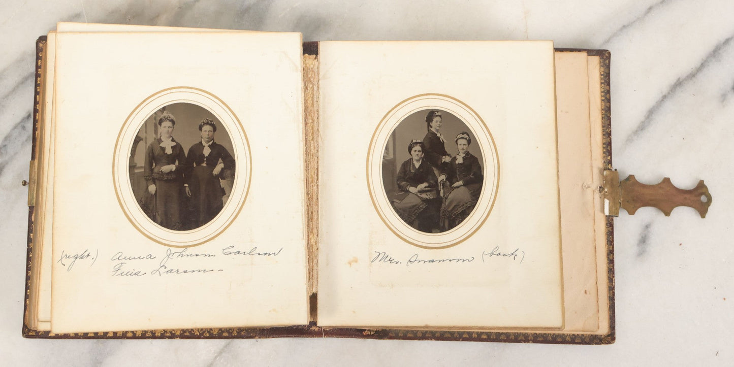 Lot 030 - Antique 19th Century Family Photo Album With Photographs Of The Dickerman, Palmer, And Mayhew Family, With 25 Carte De Visite C.D.V. Photographs And 10 Tintype Photographs, Note Binding Wear, Loosening