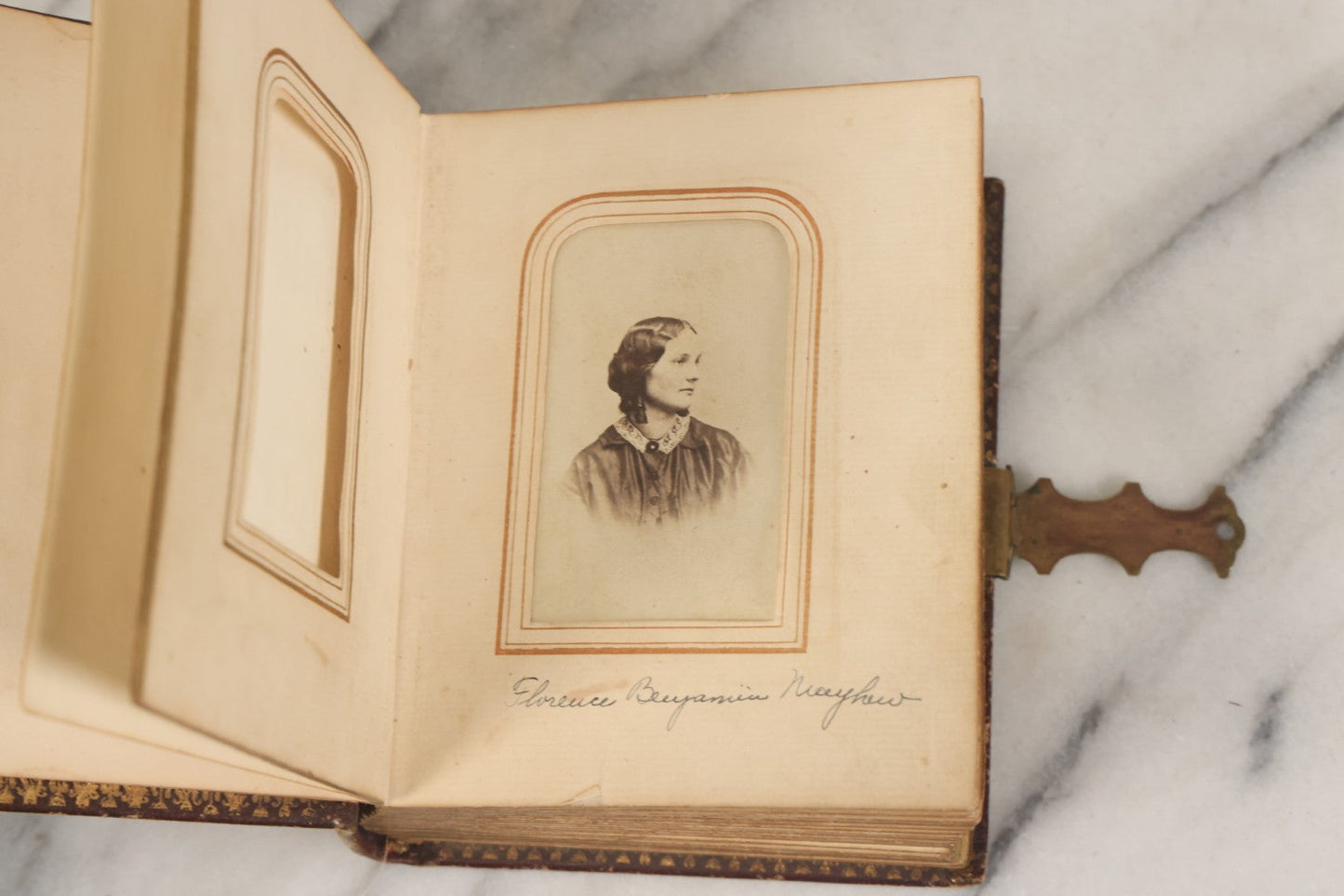 Lot 030 - Antique 19th Century Family Photo Album With Photographs Of The Dickerman, Palmer, And Mayhew Family, With 25 Carte De Visite C.D.V. Photographs And 10 Tintype Photographs, Note Binding Wear, Loosening