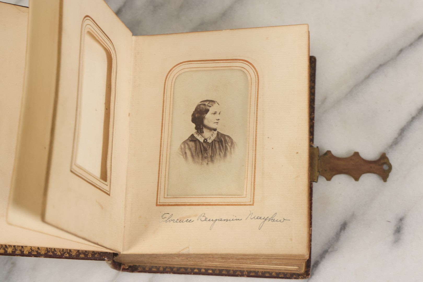 Lot 030 - Antique 19th Century Family Photo Album With Photographs Of The Dickerman, Palmer, And Mayhew Family, With 25 Carte De Visite C.D.V. Photographs And 10 Tintype Photographs, Note Binding Wear, Loosening
