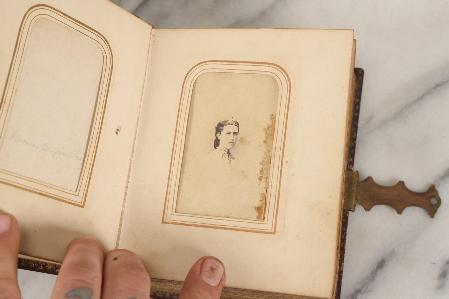 Lot 030 - Antique 19th Century Family Photo Album With Photographs Of The Dickerman, Palmer, And Mayhew Family, With 25 Carte De Visite C.D.V. Photographs And 10 Tintype Photographs, Note Binding Wear, Loosening
