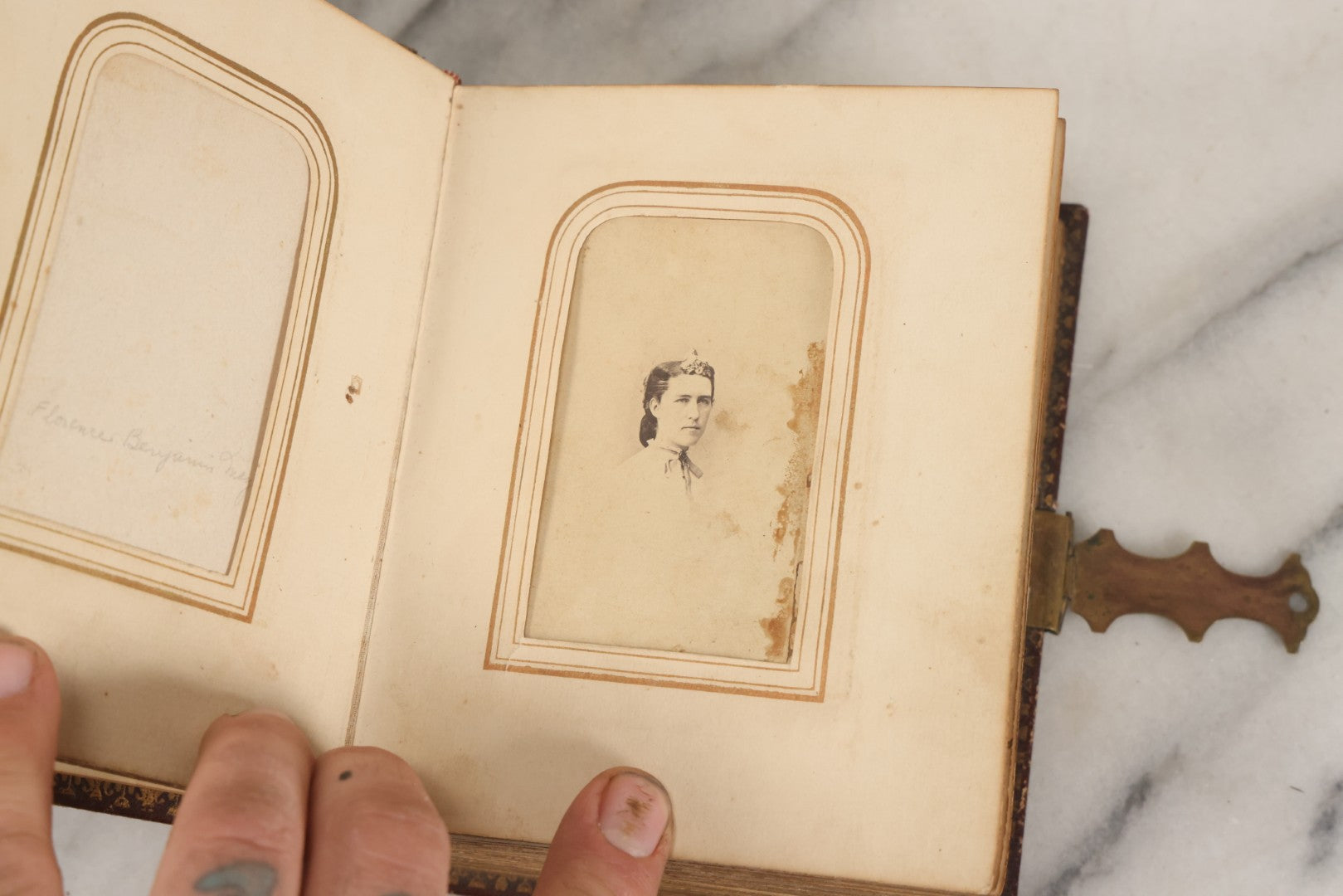Lot 030 - Antique 19th Century Family Photo Album With Photographs Of The Dickerman, Palmer, And Mayhew Family, With 25 Carte De Visite C.D.V. Photographs And 10 Tintype Photographs, Note Binding Wear, Loosening