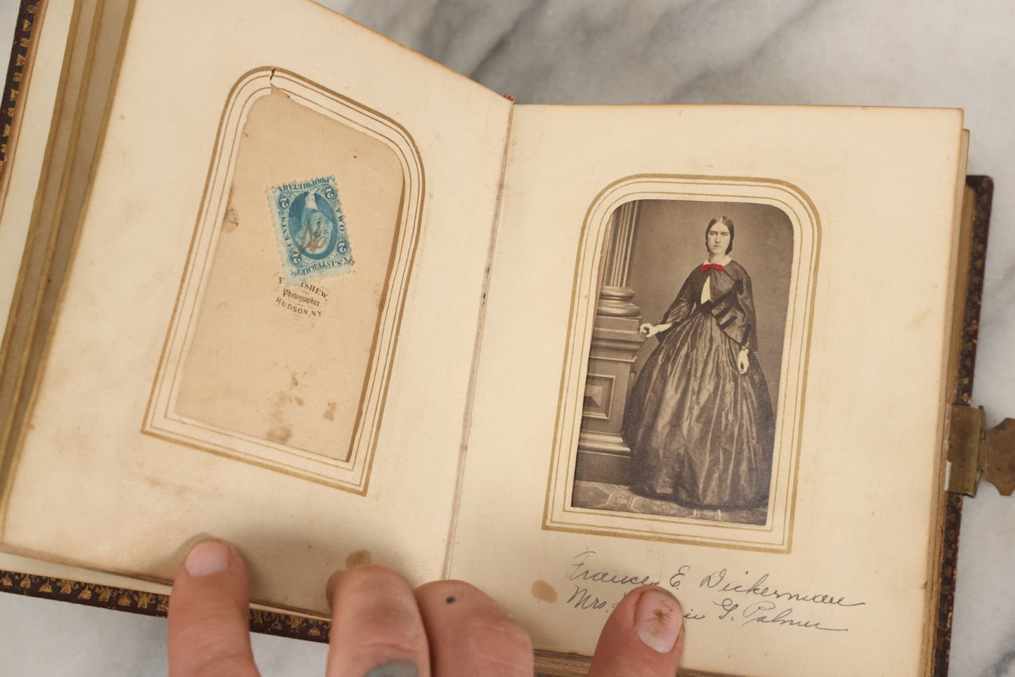 Lot 030 - Antique 19th Century Family Photo Album With Photographs Of The Dickerman, Palmer, And Mayhew Family, With 25 Carte De Visite C.D.V. Photographs And 10 Tintype Photographs, Note Binding Wear, Loosening