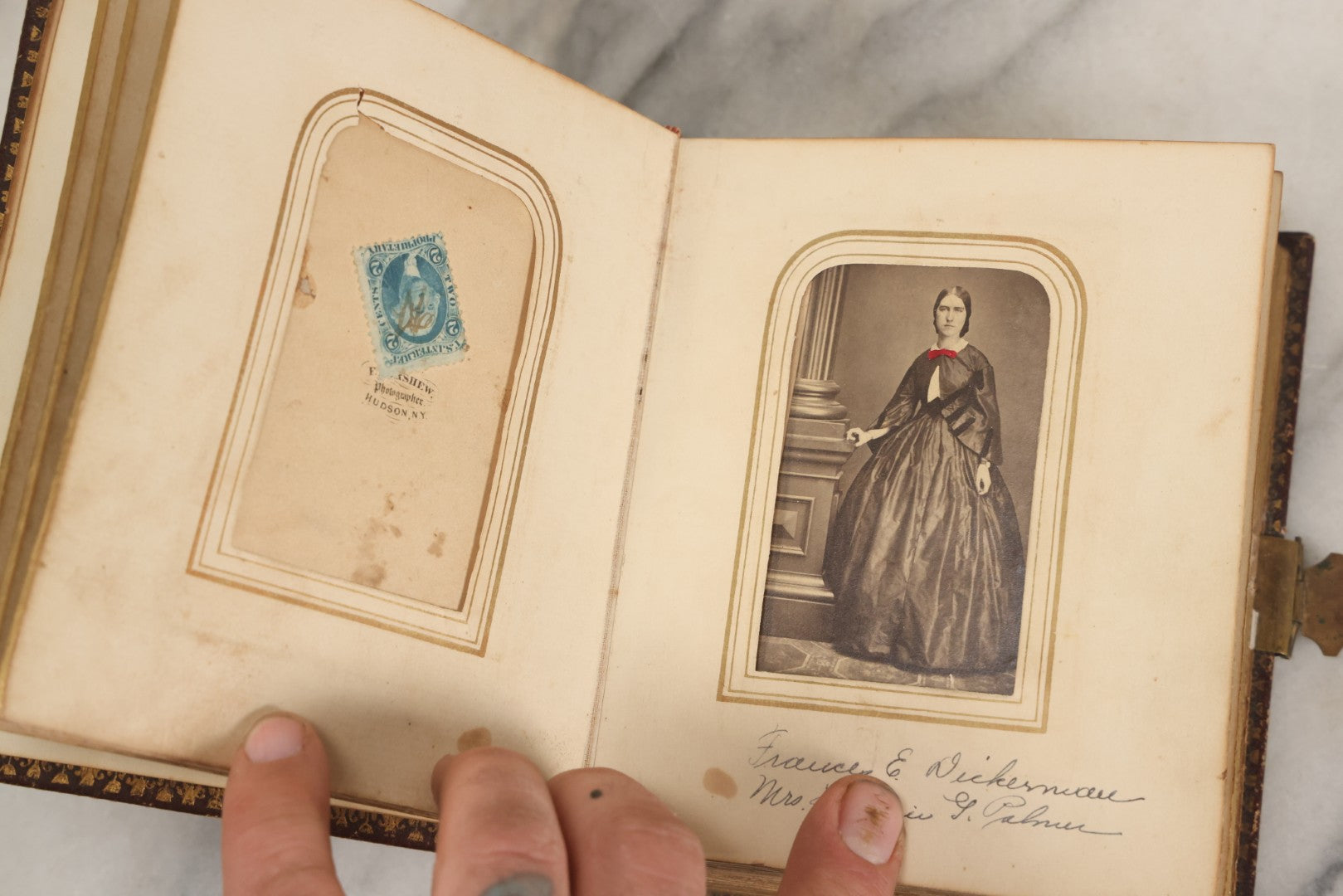 Lot 030 - Antique 19th Century Family Photo Album With Photographs Of The Dickerman, Palmer, And Mayhew Family, With 25 Carte De Visite C.D.V. Photographs And 10 Tintype Photographs, Note Binding Wear, Loosening