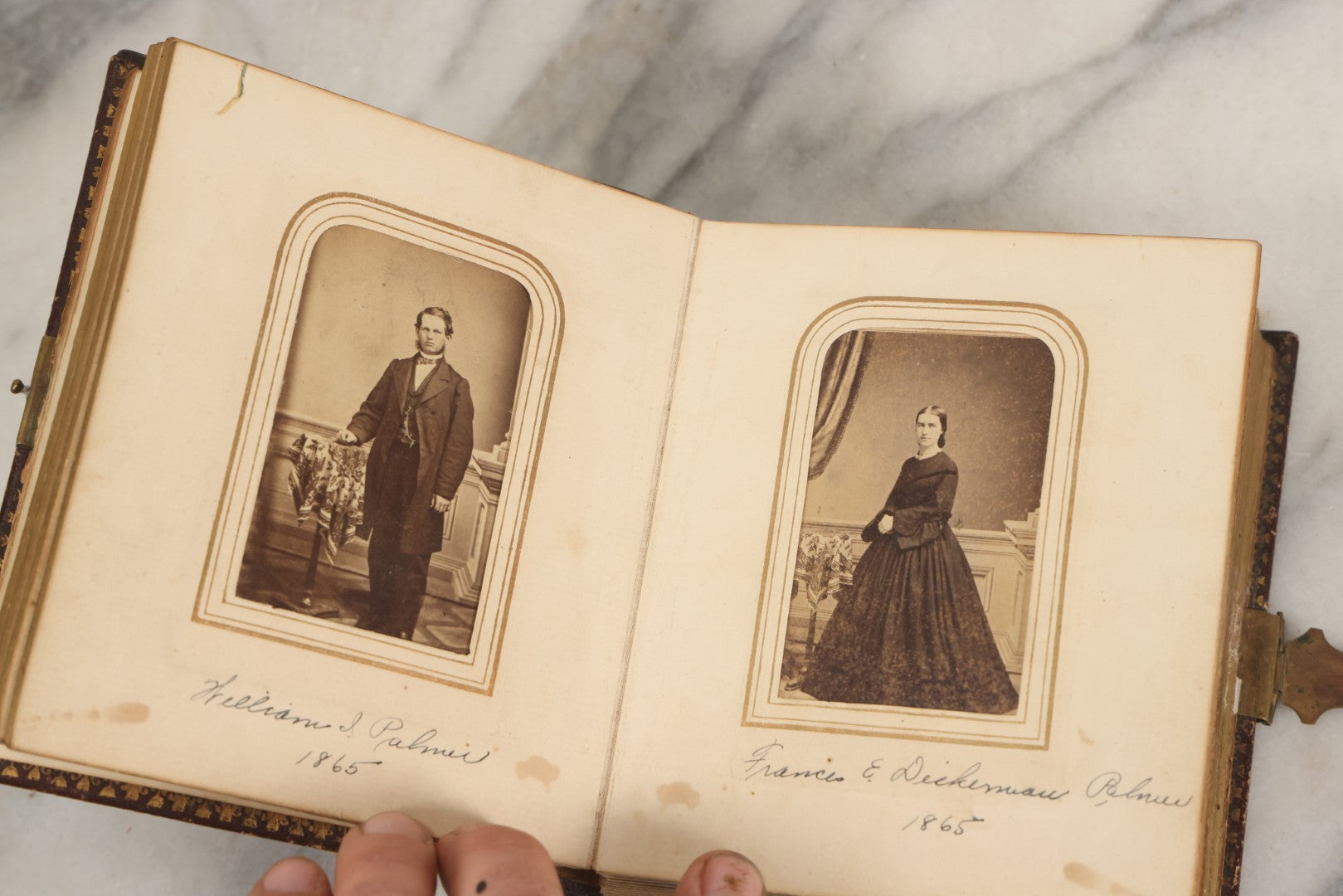 Lot 030 - Antique 19th Century Family Photo Album With Photographs Of The Dickerman, Palmer, And Mayhew Family, With 25 Carte De Visite C.D.V. Photographs And 10 Tintype Photographs, Note Binding Wear, Loosening