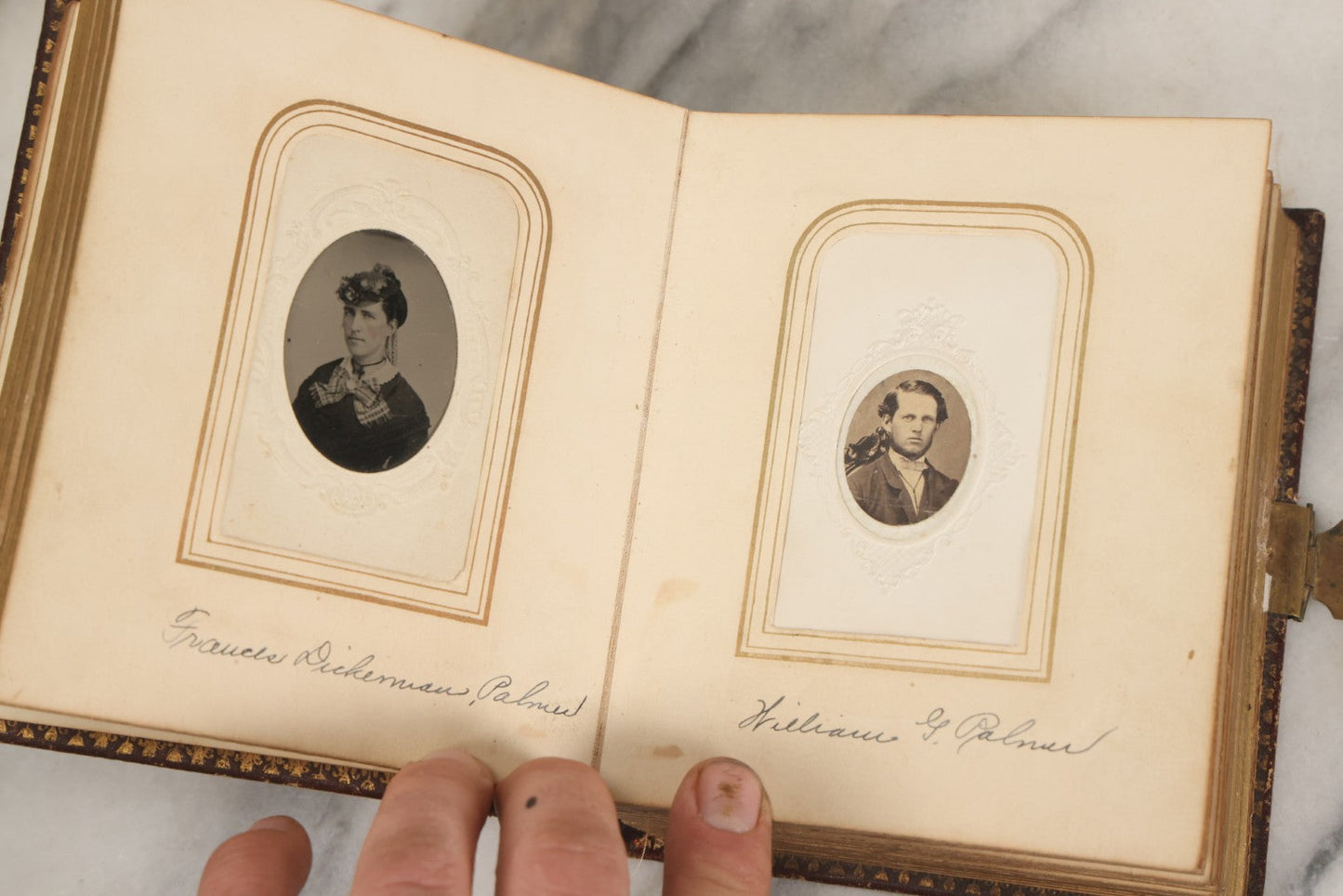 Lot 030 - Antique 19th Century Family Photo Album With Photographs Of The Dickerman, Palmer, And Mayhew Family, With 25 Carte De Visite C.D.V. Photographs And 10 Tintype Photographs, Note Binding Wear, Loosening
