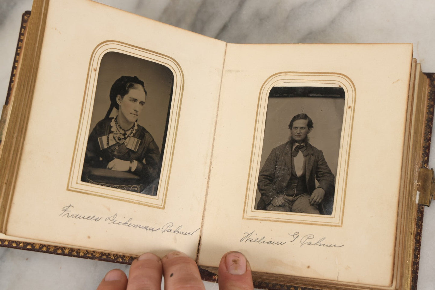 Lot 030 - Antique 19th Century Family Photo Album With Photographs Of The Dickerman, Palmer, And Mayhew Family, With 25 Carte De Visite C.D.V. Photographs And 10 Tintype Photographs, Note Binding Wear, Loosening