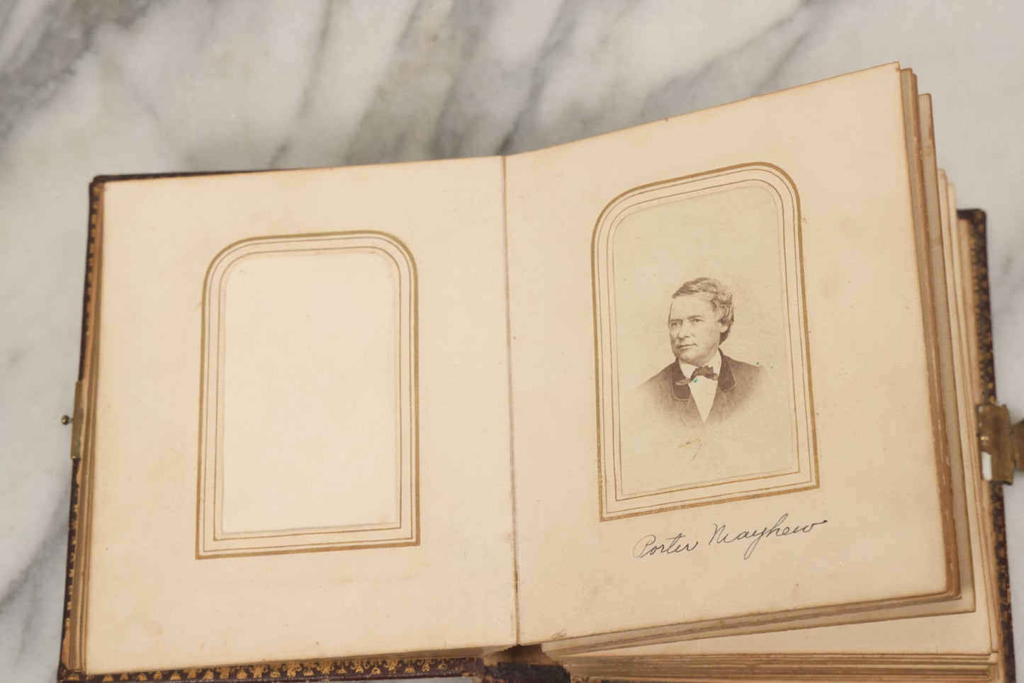 Lot 030 - Antique 19th Century Family Photo Album With Photographs Of The Dickerman, Palmer, And Mayhew Family, With 25 Carte De Visite C.D.V. Photographs And 10 Tintype Photographs, Note Binding Wear, Loosening