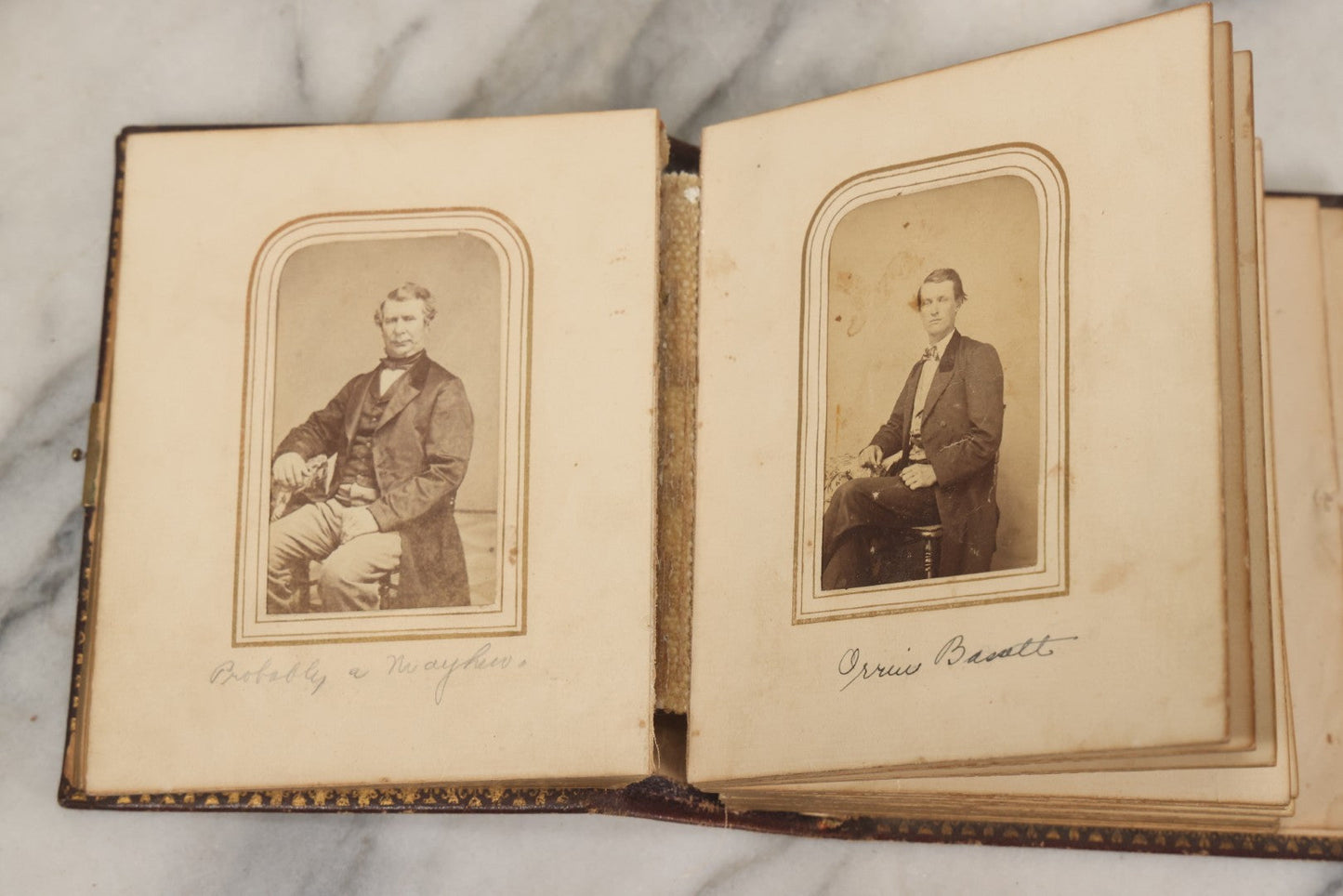 Lot 030 - Antique 19th Century Family Photo Album With Photographs Of The Dickerman, Palmer, And Mayhew Family, With 25 Carte De Visite C.D.V. Photographs And 10 Tintype Photographs, Note Binding Wear, Loosening