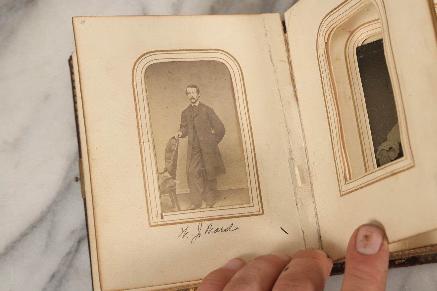 Lot 030 - Antique 19th Century Family Photo Album With Photographs Of The Dickerman, Palmer, And Mayhew Family, With 25 Carte De Visite C.D.V. Photographs And 10 Tintype Photographs, Note Binding Wear, Loosening