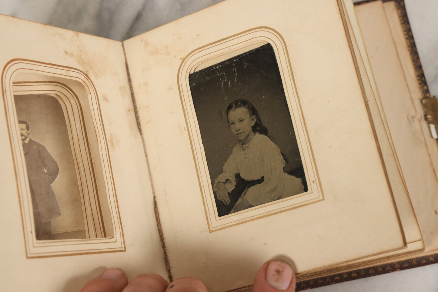 Lot 030 - Antique 19th Century Family Photo Album With Photographs Of The Dickerman, Palmer, And Mayhew Family, With 25 Carte De Visite C.D.V. Photographs And 10 Tintype Photographs, Note Binding Wear, Loosening