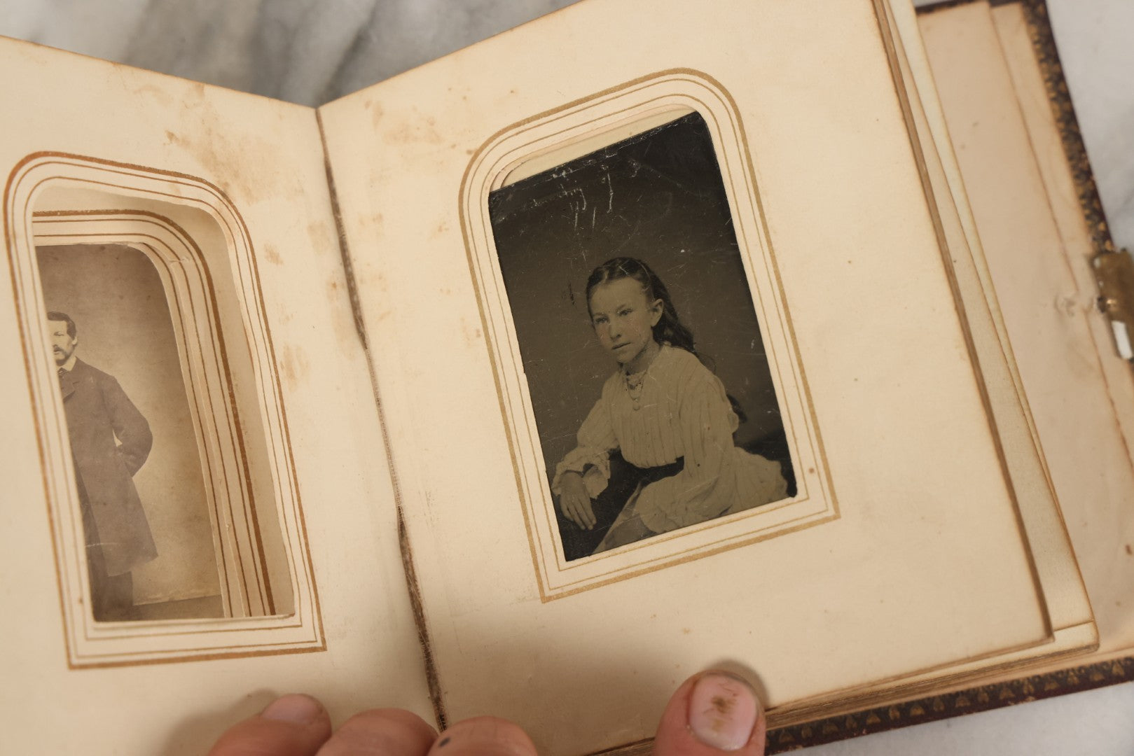 Lot 030 - Antique 19th Century Family Photo Album With Photographs Of The Dickerman, Palmer, And Mayhew Family, With 25 Carte De Visite C.D.V. Photographs And 10 Tintype Photographs, Note Binding Wear, Loosening