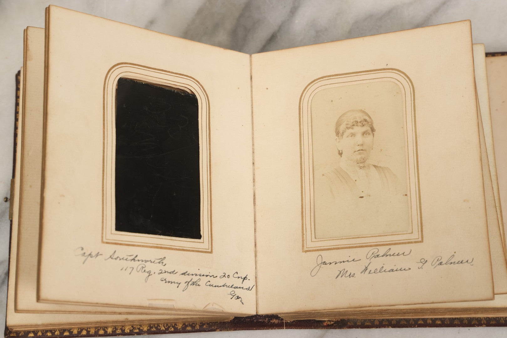 Lot 030 - Antique 19th Century Family Photo Album With Photographs Of The Dickerman, Palmer, And Mayhew Family, With 25 Carte De Visite C.D.V. Photographs And 10 Tintype Photographs, Note Binding Wear, Loosening