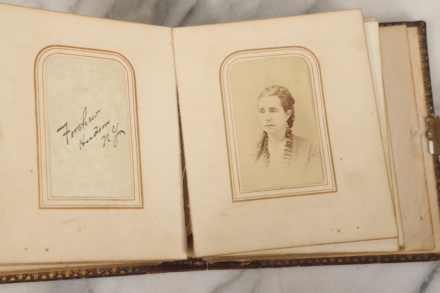Lot 030 - Antique 19th Century Family Photo Album With Photographs Of The Dickerman, Palmer, And Mayhew Family, With 25 Carte De Visite C.D.V. Photographs And 10 Tintype Photographs, Note Binding Wear, Loosening