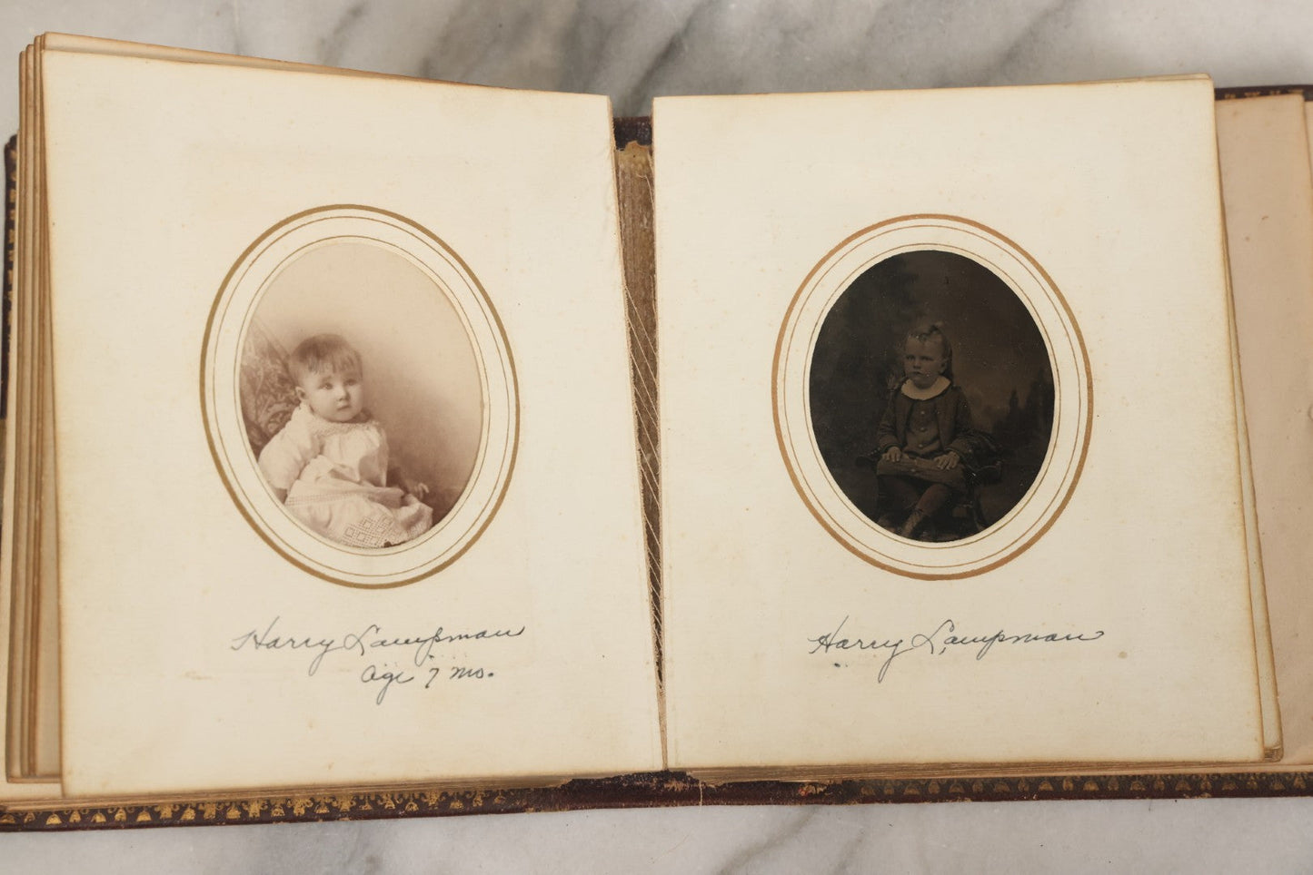 Lot 030 - Antique 19th Century Family Photo Album With Photographs Of The Dickerman, Palmer, And Mayhew Family, With 25 Carte De Visite C.D.V. Photographs And 10 Tintype Photographs, Note Binding Wear, Loosening