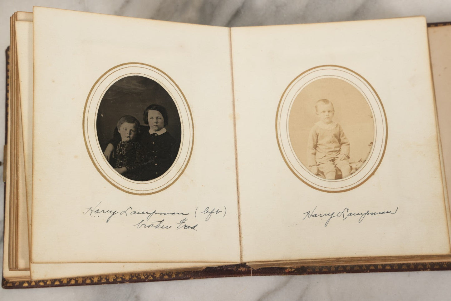 Lot 030 - Antique 19th Century Family Photo Album With Photographs Of The Dickerman, Palmer, And Mayhew Family, With 25 Carte De Visite C.D.V. Photographs And 10 Tintype Photographs, Note Binding Wear, Loosening