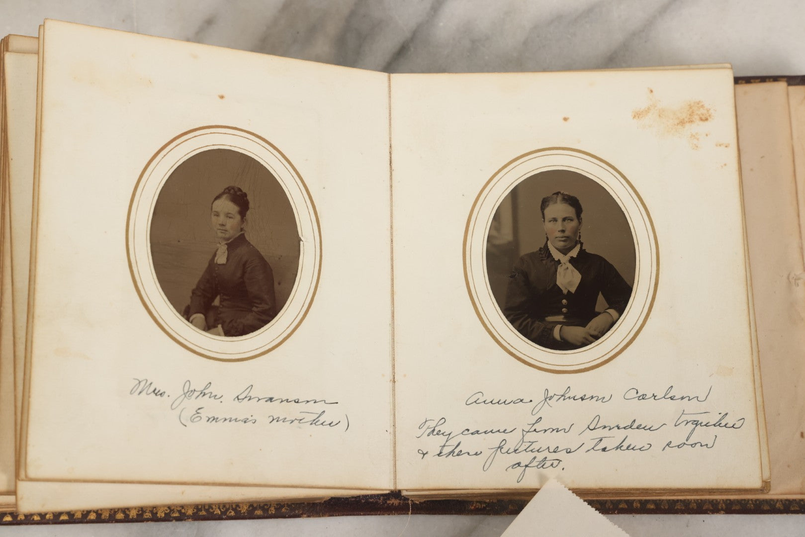Lot 030 - Antique 19th Century Family Photo Album With Photographs Of The Dickerman, Palmer, And Mayhew Family, With 25 Carte De Visite C.D.V. Photographs And 10 Tintype Photographs, Note Binding Wear, Loosening