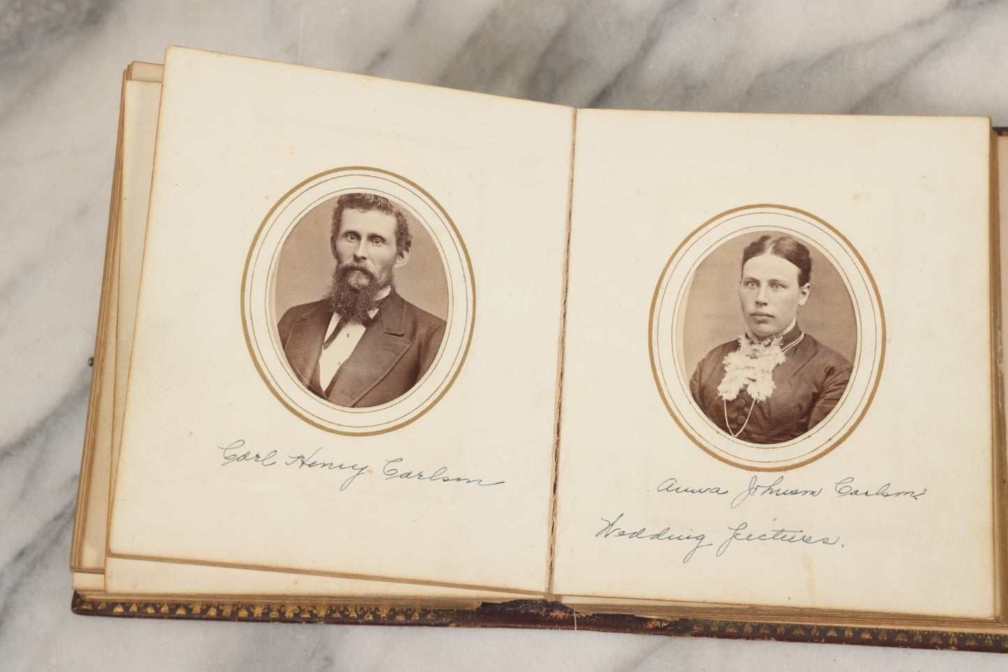 Lot 030 - Antique 19th Century Family Photo Album With Photographs Of The Dickerman, Palmer, And Mayhew Family, With 25 Carte De Visite C.D.V. Photographs And 10 Tintype Photographs, Note Binding Wear, Loosening