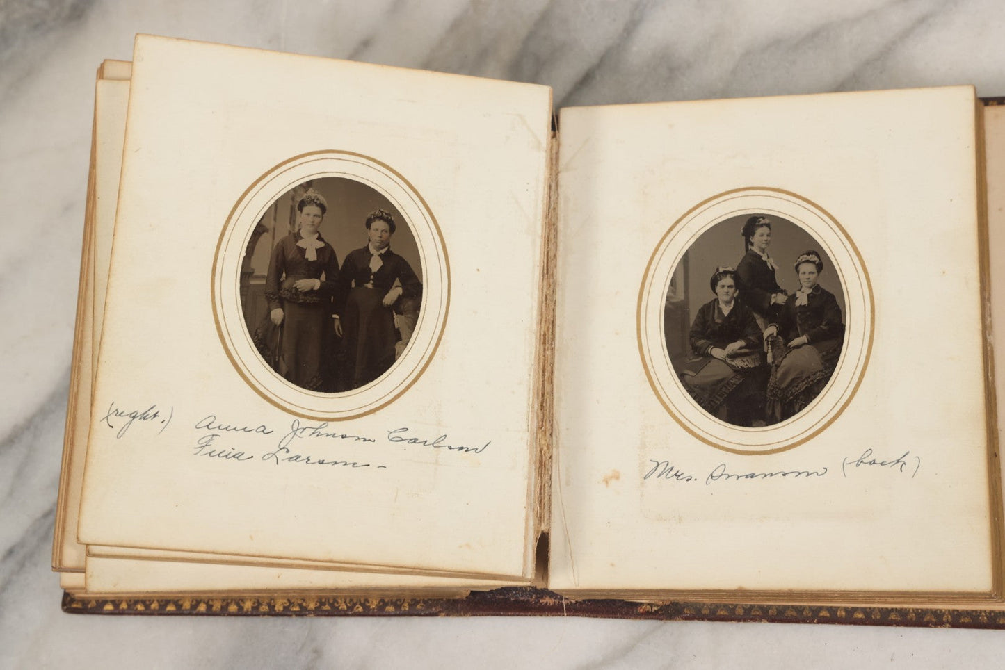 Lot 030 - Antique 19th Century Family Photo Album With Photographs Of The Dickerman, Palmer, And Mayhew Family, With 25 Carte De Visite C.D.V. Photographs And 10 Tintype Photographs, Note Binding Wear, Loosening