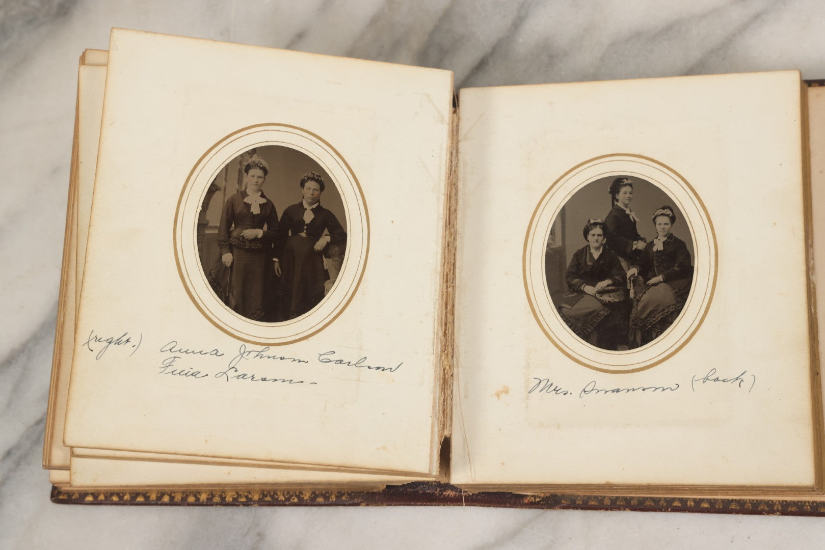 Lot 030 - Antique 19th Century Family Photo Album With Photographs Of The Dickerman, Palmer, And Mayhew Family, With 25 Carte De Visite C.D.V. Photographs And 10 Tintype Photographs, Note Binding Wear, Loosening
