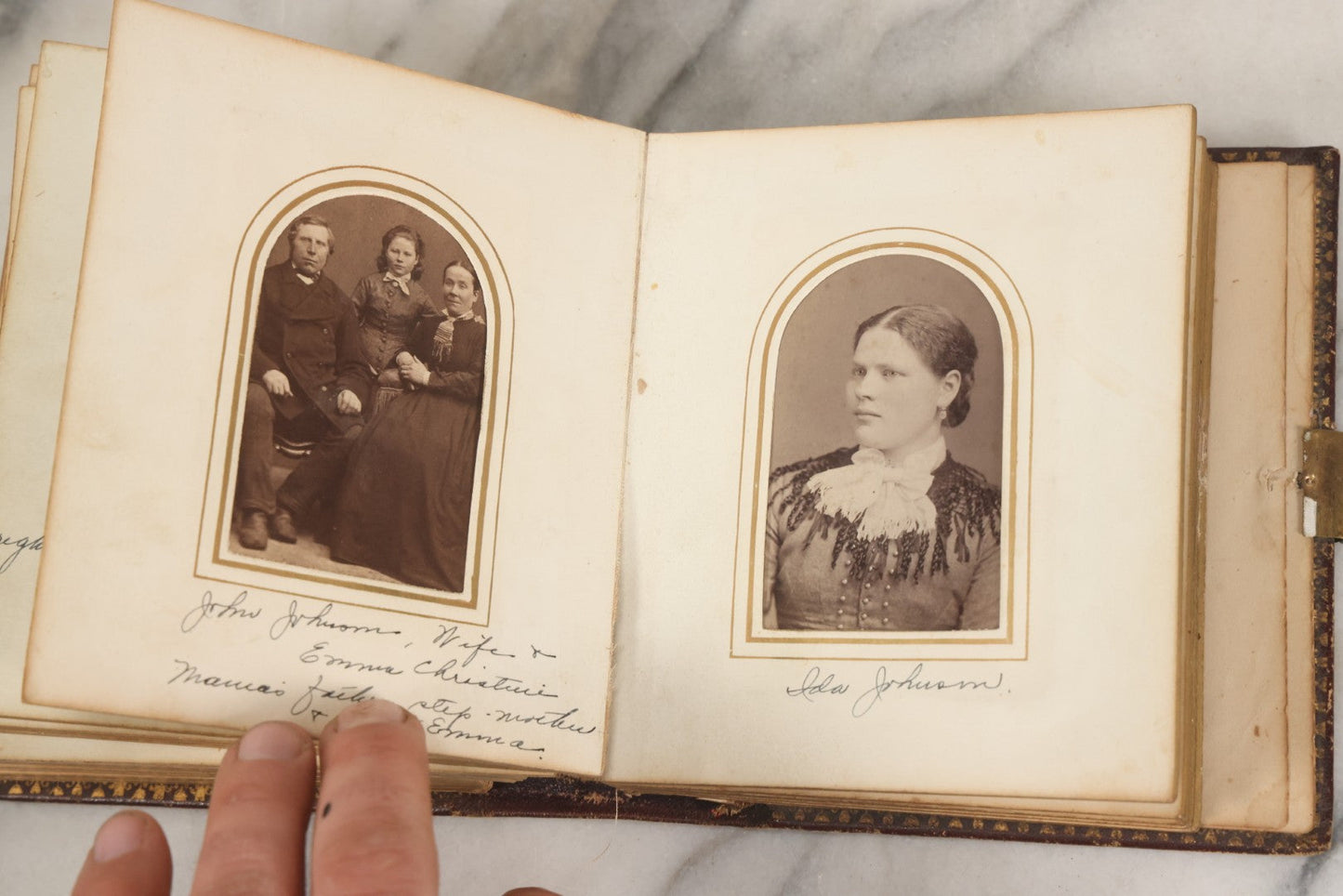 Lot 030 - Antique 19th Century Family Photo Album With Photographs Of The Dickerman, Palmer, And Mayhew Family, With 25 Carte De Visite C.D.V. Photographs And 10 Tintype Photographs, Note Binding Wear, Loosening