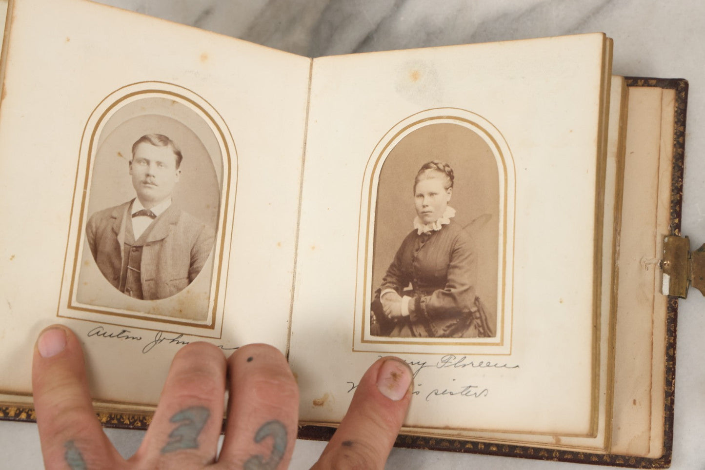 Lot 030 - Antique 19th Century Family Photo Album With Photographs Of The Dickerman, Palmer, And Mayhew Family, With 25 Carte De Visite C.D.V. Photographs And 10 Tintype Photographs, Note Binding Wear, Loosening