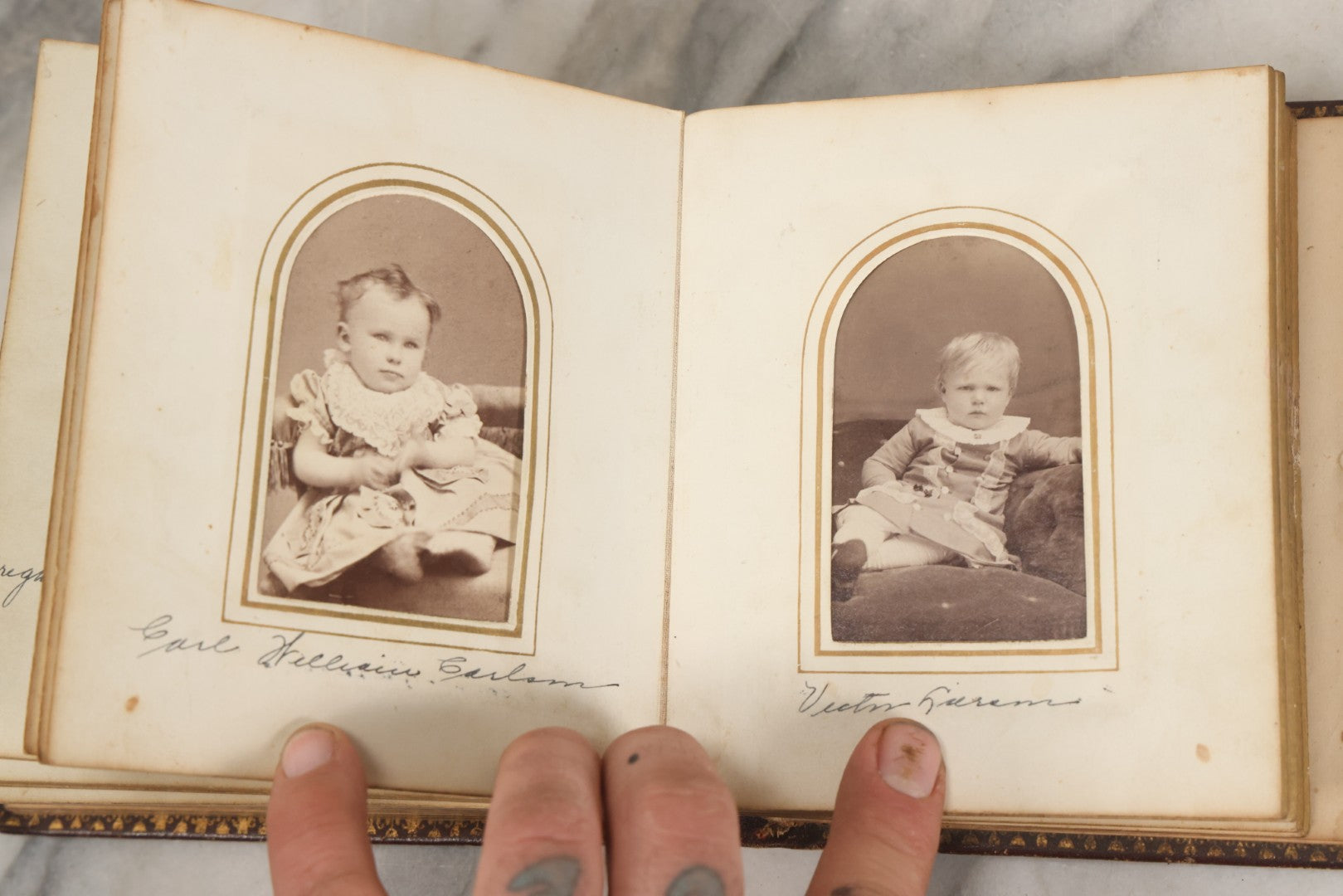 Lot 030 - Antique 19th Century Family Photo Album With Photographs Of The Dickerman, Palmer, And Mayhew Family, With 25 Carte De Visite C.D.V. Photographs And 10 Tintype Photographs, Note Binding Wear, Loosening