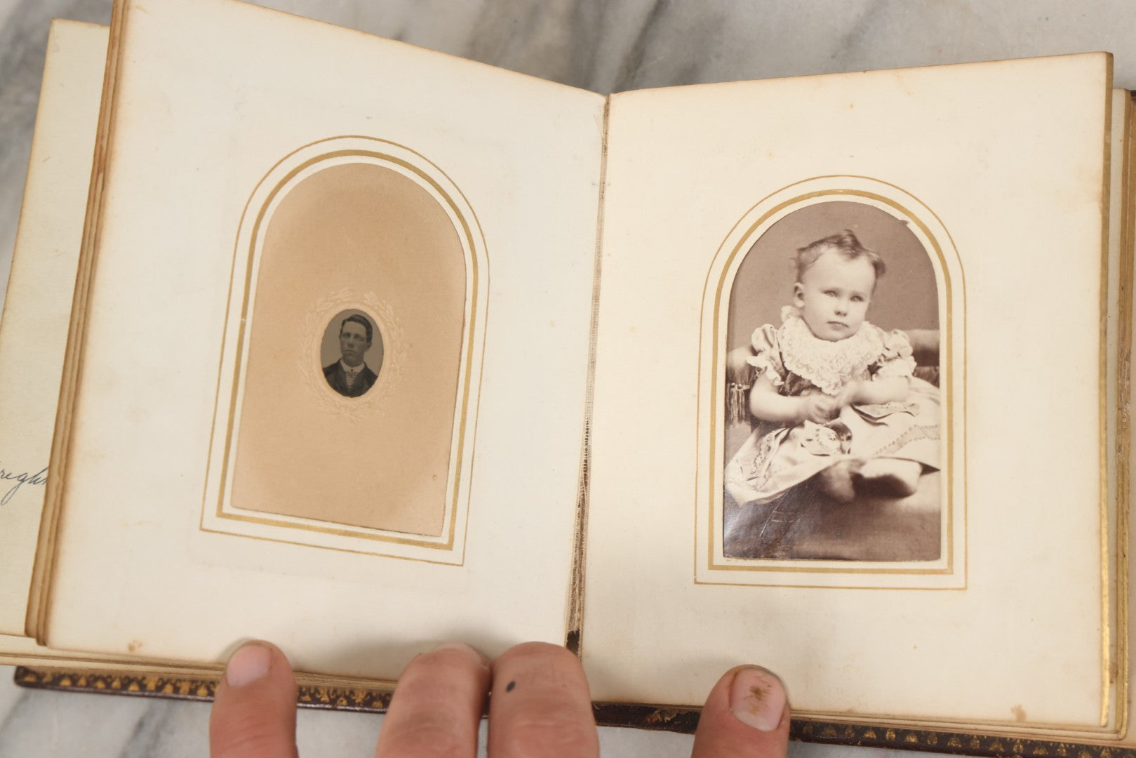 Lot 030 - Antique 19th Century Family Photo Album With Photographs Of The Dickerman, Palmer, And Mayhew Family, With 25 Carte De Visite C.D.V. Photographs And 10 Tintype Photographs, Note Binding Wear, Loosening