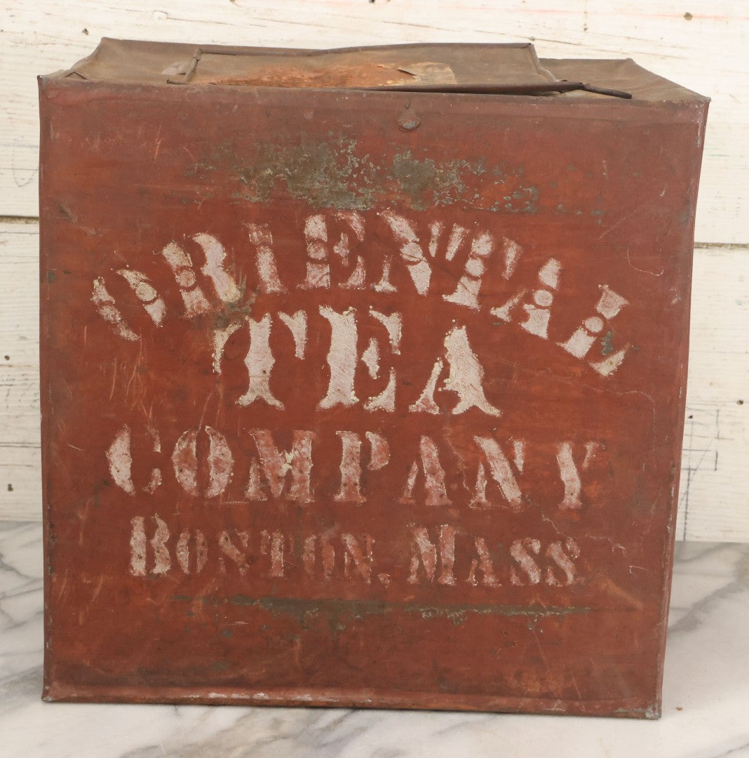 Lot 032 - Antique Stencil Painted Tin From The Oriental Tea Company, Boston, In Red Paint, With Various Wear And Tear, Internal Rust, Approximately 13-3/8" x 13-3/8" x 9-5/8"