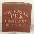 Lot 032 - Antique Stencil Painted Tin From The Oriental Tea Company, Boston, In Red Paint, With Various Wear And Tear, Internal Rust, Approximately 13-3/8" x 13-3/8" x 9-5/8"