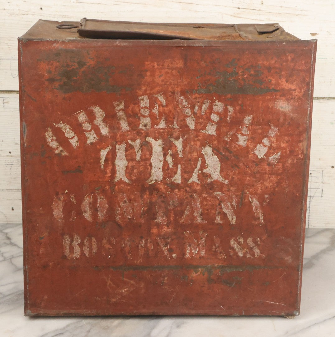 Lot 032 - Antique Stencil Painted Tin From The Oriental Tea Company, Boston, In Red Paint, With Various Wear And Tear, Internal Rust, Approximately 13-3/8" x 13-3/8" x 9-5/8"