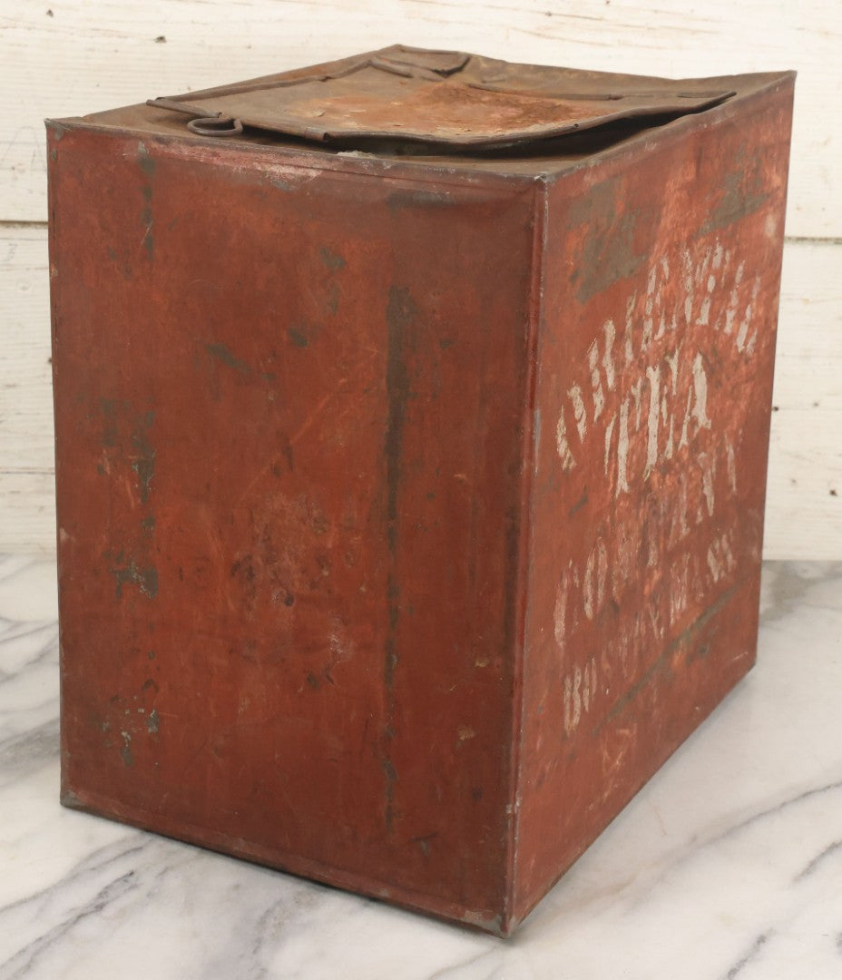 Lot 032 - Antique Stencil Painted Tin From The Oriental Tea Company, Boston, In Red Paint, With Various Wear And Tear, Internal Rust, Approximately 13-3/8" x 13-3/8" x 9-5/8"