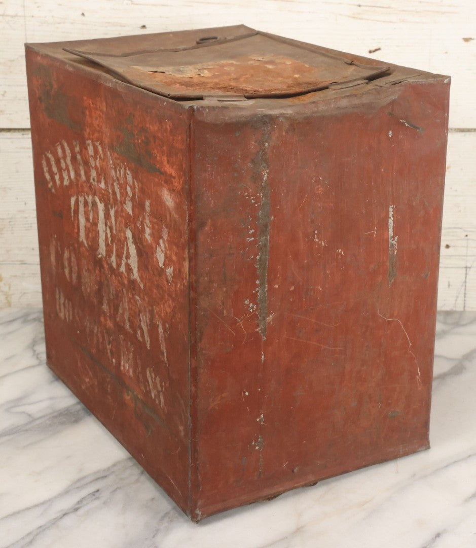 Lot 032 - Antique Stencil Painted Tin From The Oriental Tea Company, Boston, In Red Paint, With Various Wear And Tear, Internal Rust, Approximately 13-3/8" x 13-3/8" x 9-5/8"